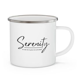 Enamel Camping Mug, Serenity - Be Calm Be At Peace Be Untroubled - Inspiration - Black