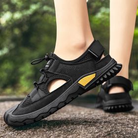 Summer New Leather Mesh Sandals Men Breathable Casual Outer Wear Slip-on Slippers Non-slip Soft Outdoor Beach Water Wading Shoes (Color: black, size: 40)