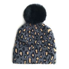 Leopard Print Baby Infant Beanie Knit Warm Winter POM Skull Cap Hat (Color: Gray)