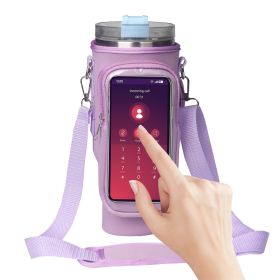 Water Bottle Carrier Bag with Touch Screen Phone Pocket for Stanley 40oz Tumbler (Color: Purple)