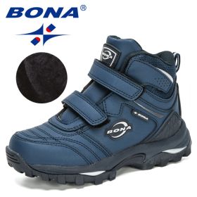 BONA 2020 New Designers Plush Snow Boots Children Sport Sneakers Terkking Boots Kids Hiking Mountain Climbing Camping Footwear (Color: Deep blue S gray, size: 5.5)