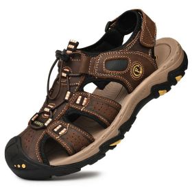 Summer Men Casual Beach Outdoor Water Shoes Breathable Trekking Sandals Hiking Climbing Fishing Genuine Leather Leisure Sandals (Color: Dark brown, size: 43)