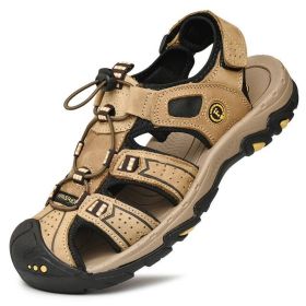 Summer Men Casual Beach Outdoor Water Shoes Breathable Trekking Sandals Hiking Climbing Fishing Genuine Leather Leisure Sandals (Color: Light Brown, size: 42)